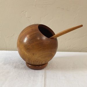 Midcentury mod wood bowl spoon salt cellar sugar